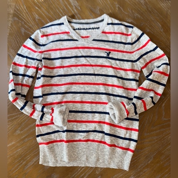 American Eagle Cotton V-Neck Sweater - Grey with Red & Blue Stripes - Size M - Picture 2 of 12